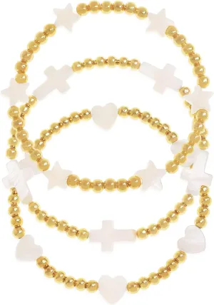 Gold Beaded Cross Stack Bracelets Set for Women, Boho Handmade White Star Stretch Friendship Bracelets Festive Holiday Accessories Jewelry Gift.