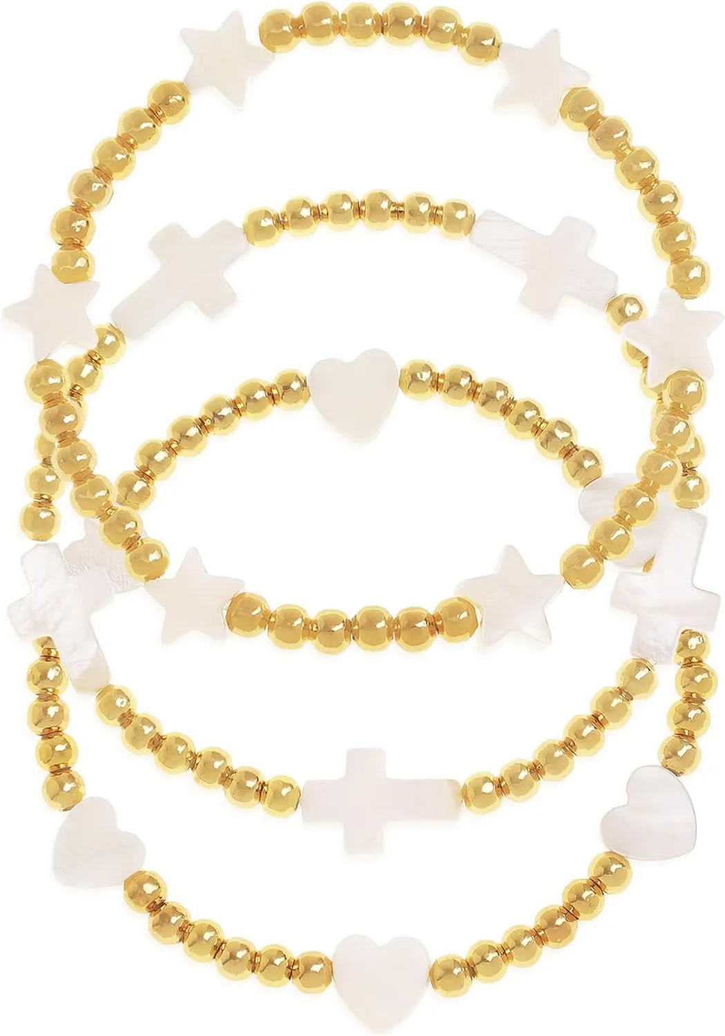 Gold Beaded Cross Stack Bracelets Set for Women, Boho Handmade White Star Stretch Friendship Bracelets Festive Holiday Accessories Jewelry Gift.
