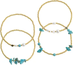 Gold Beaded Stretch Bracelets Set for Women, Boho Handmade Stackable Natural Beads Stack Bracelet Summer Jewelry Gift