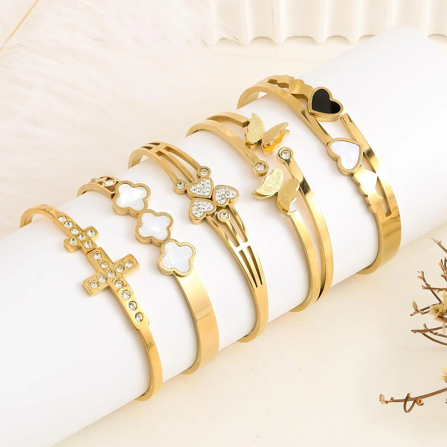 Gold Bracelet for Women, 18K Gold Titanium Steel Butterfly Cross Clover Heart Snake Bracelets Gifts for Women Teen