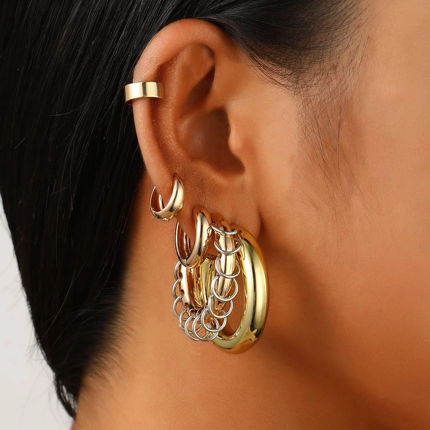 Gold Ear Cuff For Women, Two Tone Chunky Gold Hoop Punk Earrings Set Ear Cuffs Non-Piercing for Women Lightweight Earring Sets for Multiple Piercing,Trendy Thick Gold Jewelry Non-tarnish