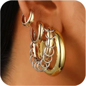 Gold Ear Cuff For Women, Two Tone Chunky Gold Hoop Punk Earrings Set Ear Cuffs Non-Piercing for Women Lightweight Earring Sets for Multiple Piercing,Trendy Thick Gold Jewelry Non-tarnish