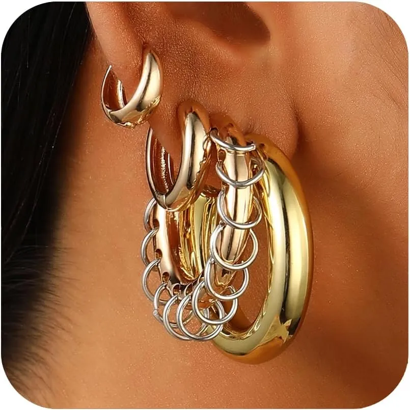 Gold Ear Cuff For Women, Two Tone Chunky Gold Hoop Punk Earrings Set Ear Cuffs Non-Piercing for Women Lightweight Earring Sets for Multiple Piercing,Trendy Thick Gold Jewelry Non-tarnish