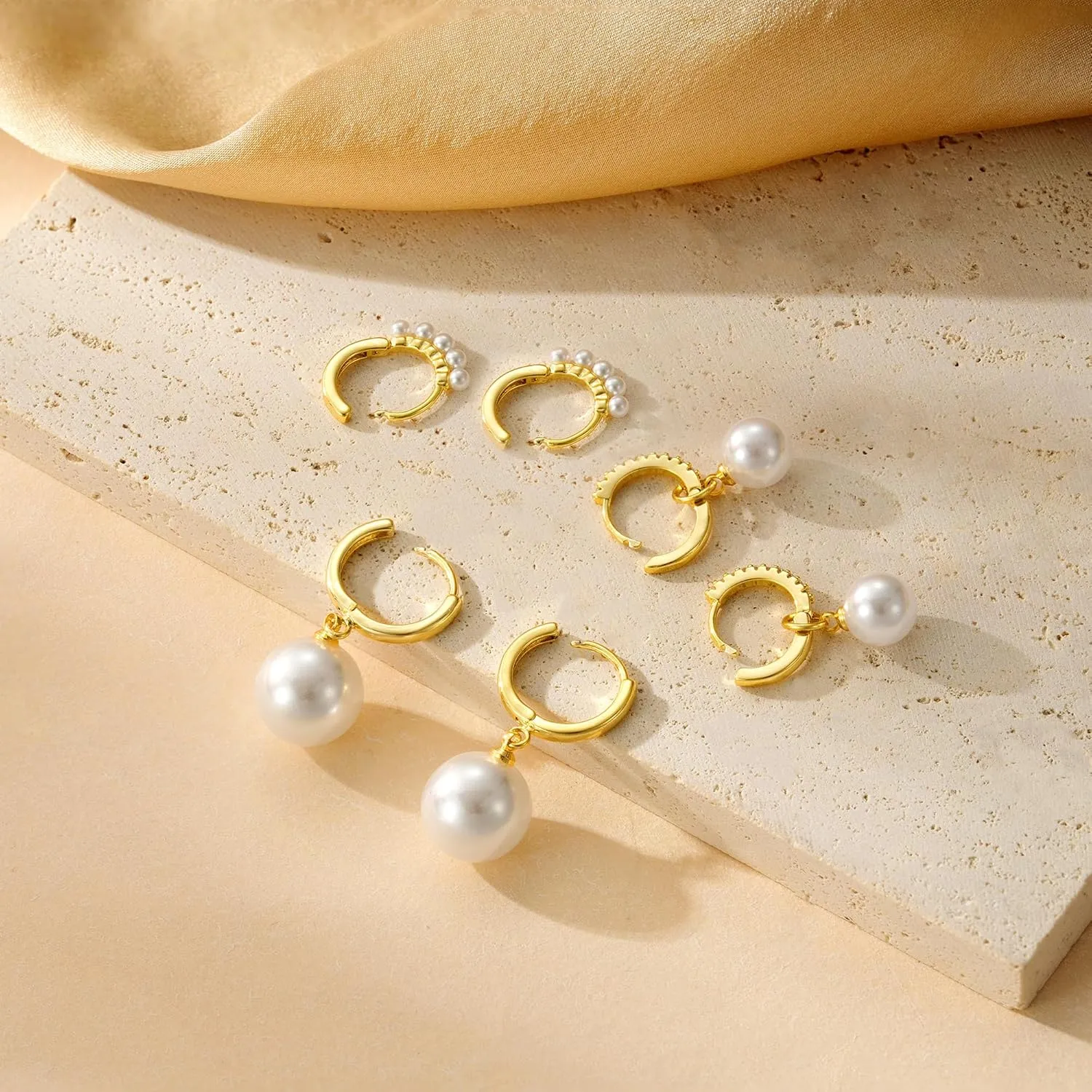 Gold Earrings for Women, Plucar Pearl Earrings for Women Dainty Cubic Zirconia Earrings Studs Chain Earring Set Gold Hoop Earrings for Women Trendy Jewelry