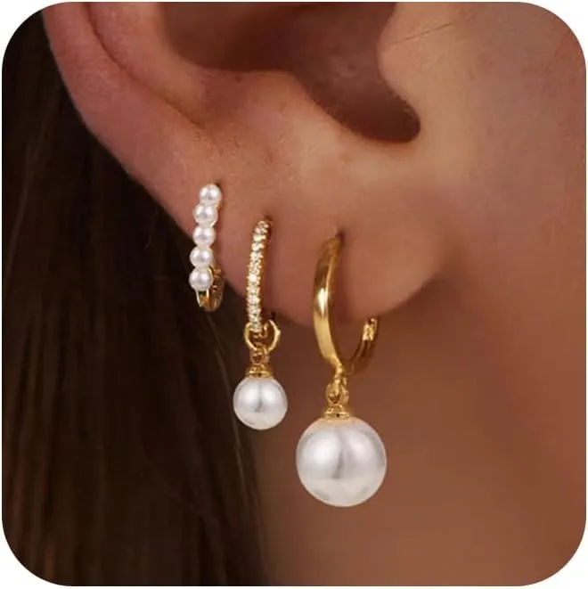 Gold Earrings for Women, Plucar Pearl Earrings for Women Dainty Cubic Zirconia Earrings Studs Chain Earring Set Gold Hoop Earrings for Women Trendy Jewelry