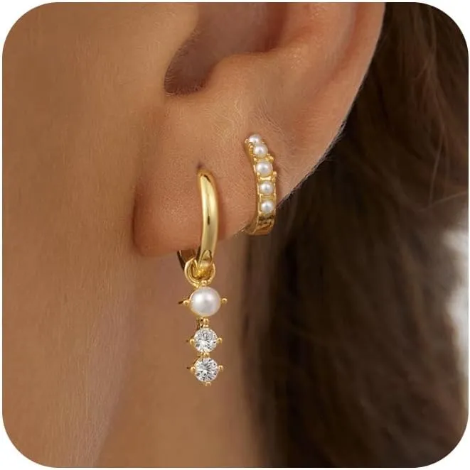 Gold Earrings for Women, Trendy Pearl Earrings 14k Gold Errings Set Dangle Drop Hoops Huggies Earrings Studs Cuffs Small Dainty Cubic Zirconia Lightweight Earrings Jewelry Gift for Women