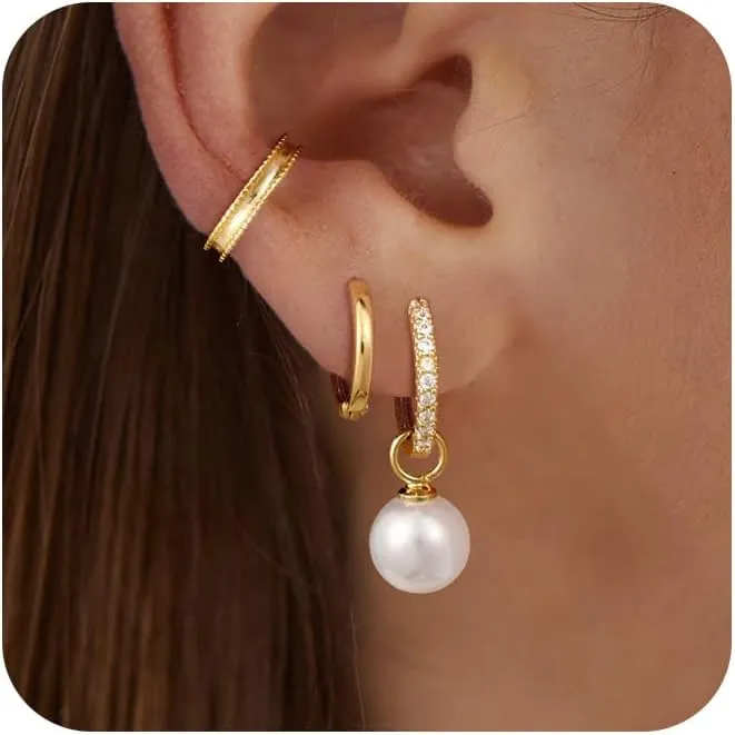 Gold Earrings for Women, Trendy Pearl Earrings 14k Gold Errings Set Dangle Drop Hoops Huggies Earrings Studs Cuffs Small Dainty Cubic Zirconia Lightweight Earrings Jewelry Gift for Women
