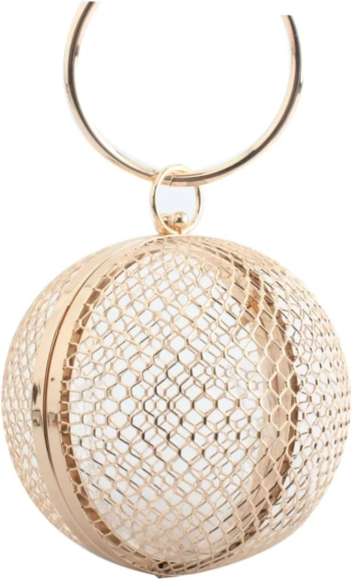 Gold Evening Bag for Women Shoulder Bag Metal Cages Round Clutch Purse for Party
