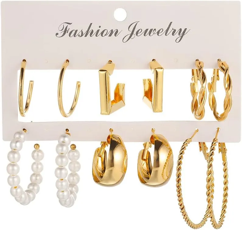 Gold Hoop Earrings Set for Women Trendy Chunky Gold Hoop Earrings Multipack 18k Golden Plated Hypoallergenic Pearl Chain Twisted Statement Earring Birthday Party Jewelry6-12Pairs