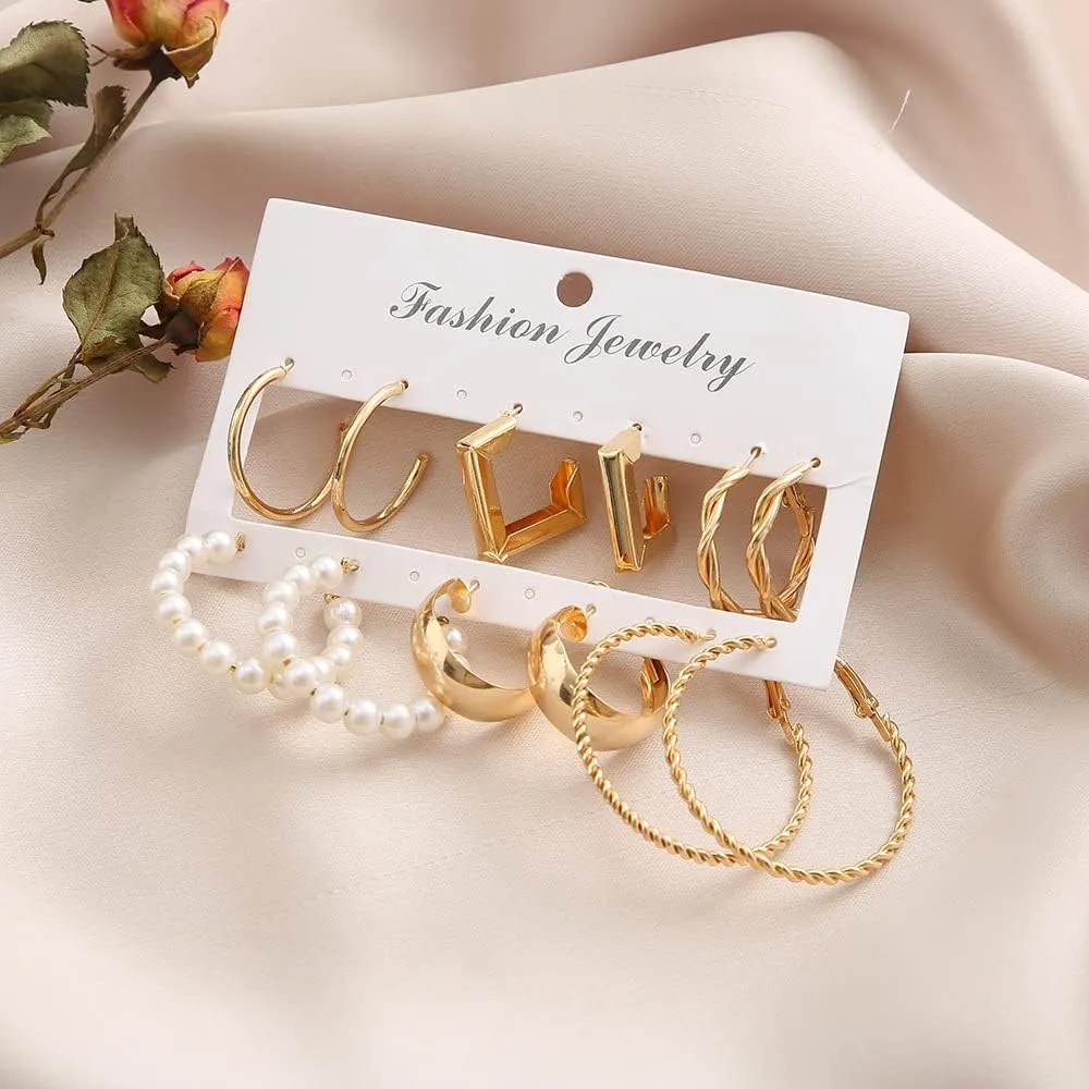 Gold Hoop Earrings Set for Women Trendy Chunky Gold Hoop Earrings Multipack 18k Golden Plated Hypoallergenic Pearl Chain Twisted Statement Earring Birthday Party Jewelry6-12Pairs