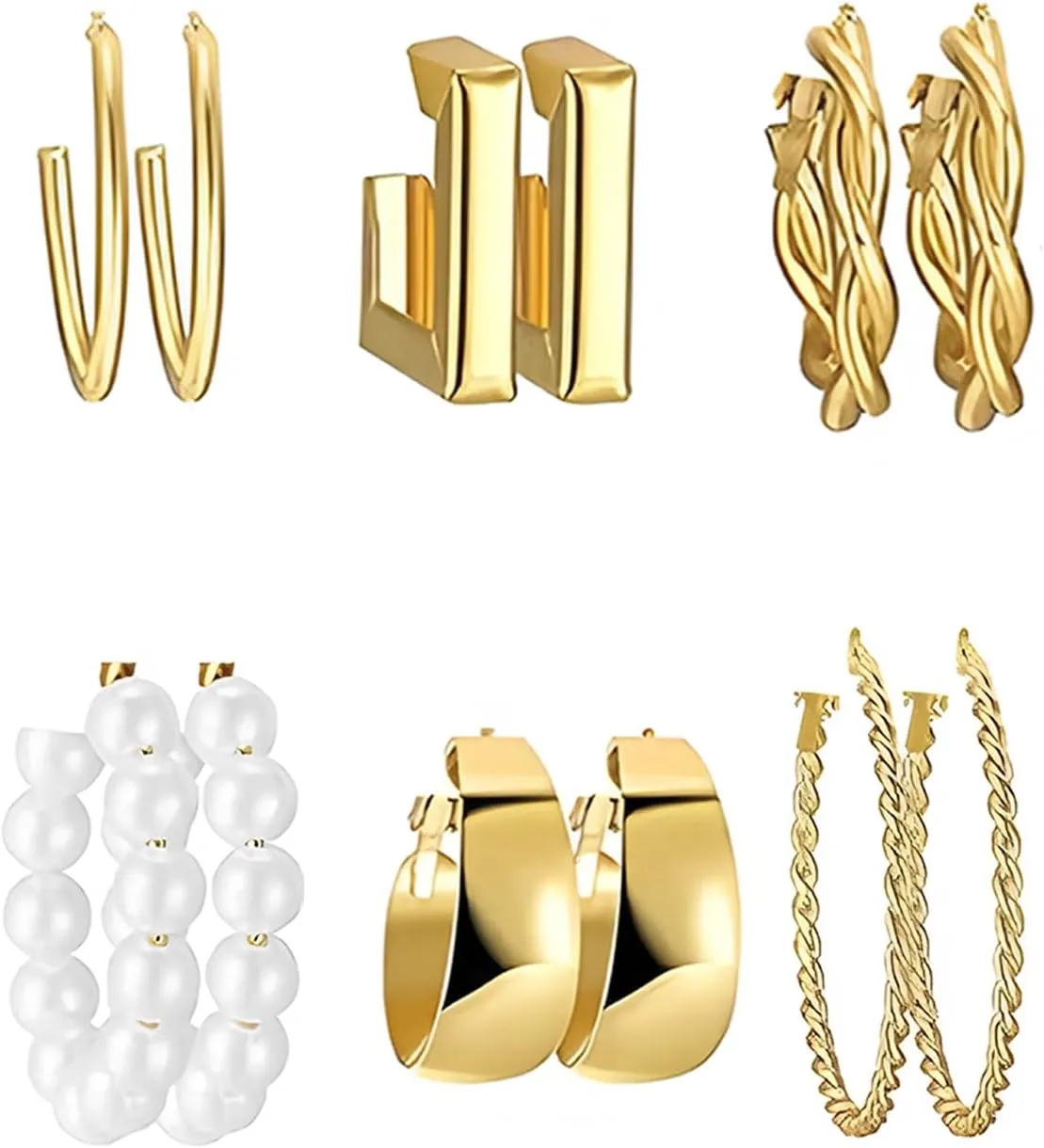 Gold Hoop Earrings Set for Women Trendy Chunky Gold Hoop Earrings Multipack 18k Golden Plated Hypoallergenic Pearl Chain Twisted Statement Earring Birthday Party Jewelry6-12Pairs