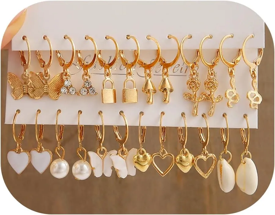 Gold Hoop Earrings Set for Women,Fashion Chunky Twisted Heart Butterfly Earrings Multipack,Hypoallergenic Big Thin Thick Gold Hoops Earrings Loop Pack Party Jewelry