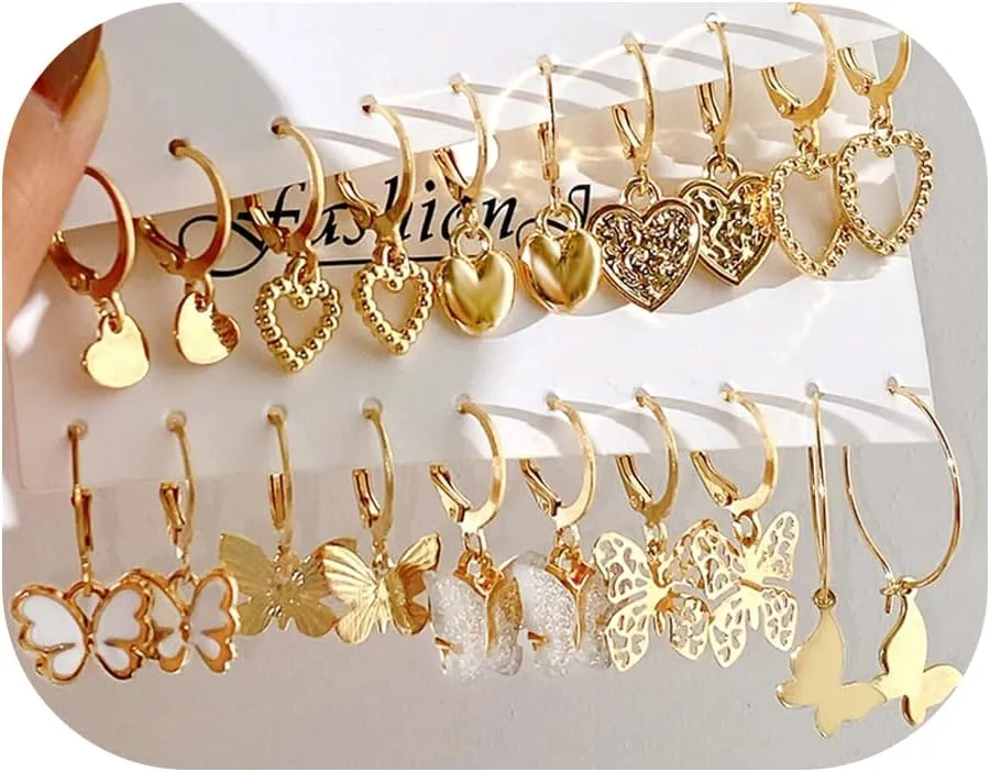 Gold Hoop Earrings Set for Women,Fashion Chunky Twisted Heart Butterfly Earrings Multipack,Hypoallergenic Big Thin Thick Gold Hoops Earrings Loop Pack Party Jewelry