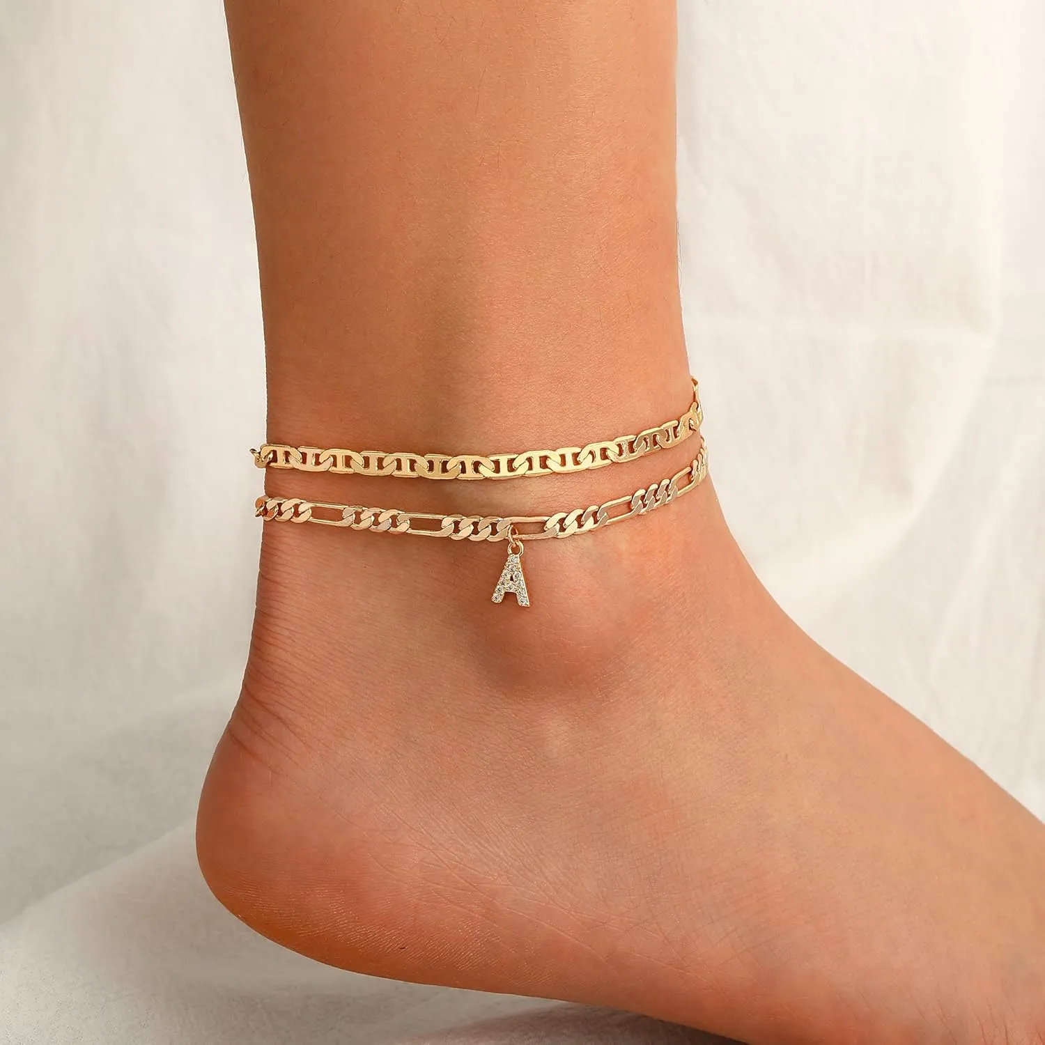 Gold Initial Ankle Bracelets for Women 14K Gold Plated Initial Charm Gold Anklets for Women Figaro Paperclip Chain Initial Anklet Bracelets for Women Mariner Rope Link Chain Anklet Jewelry for Women