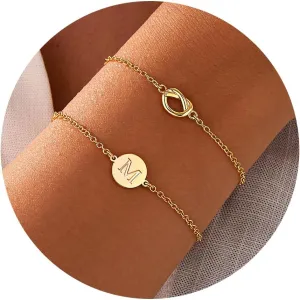 Gold Initial Bracelets for Women, Dainty 14K Gold Plated Knot Letter A-Z Initial Bracelet Layered Trendy Personalized Jewelry for Women, Gifts for Christmas Valentines Birthday Stuff