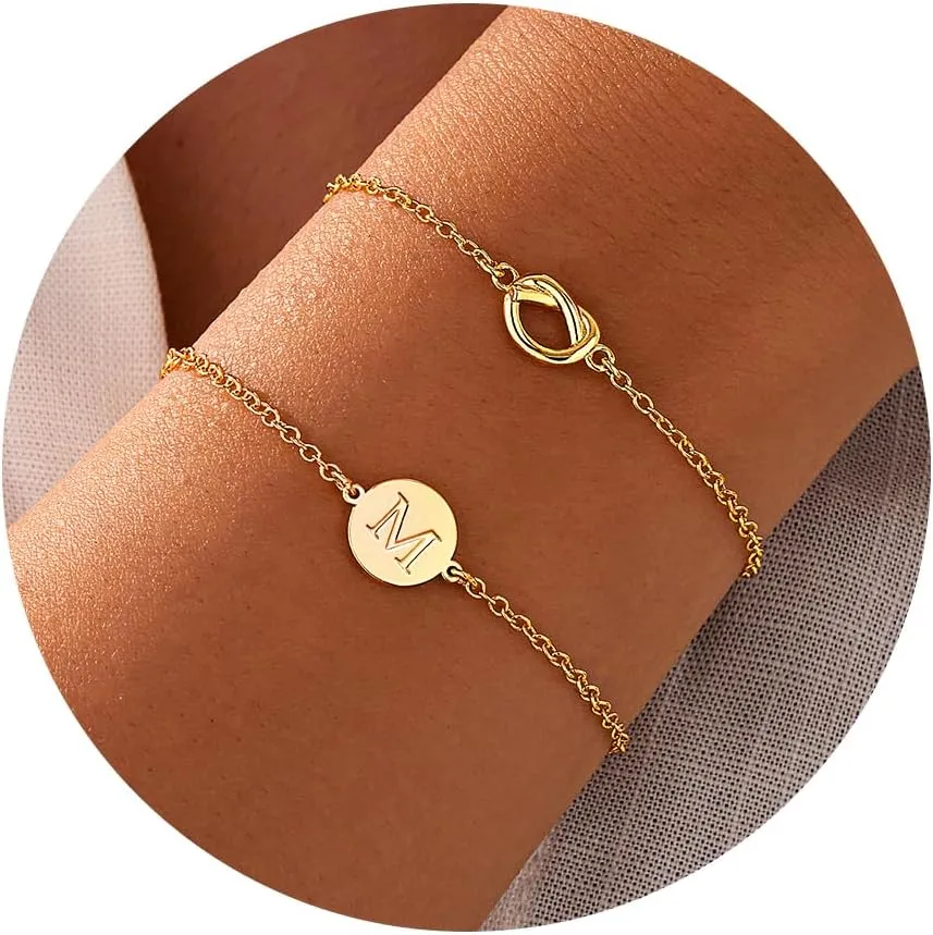 Gold Initial Bracelets for Women, Dainty 14K Gold Plated Knot Letter A-Z Initial Bracelet Layered Trendy Personalized Jewelry for Women, Gifts for Christmas Valentines Birthday Stuff