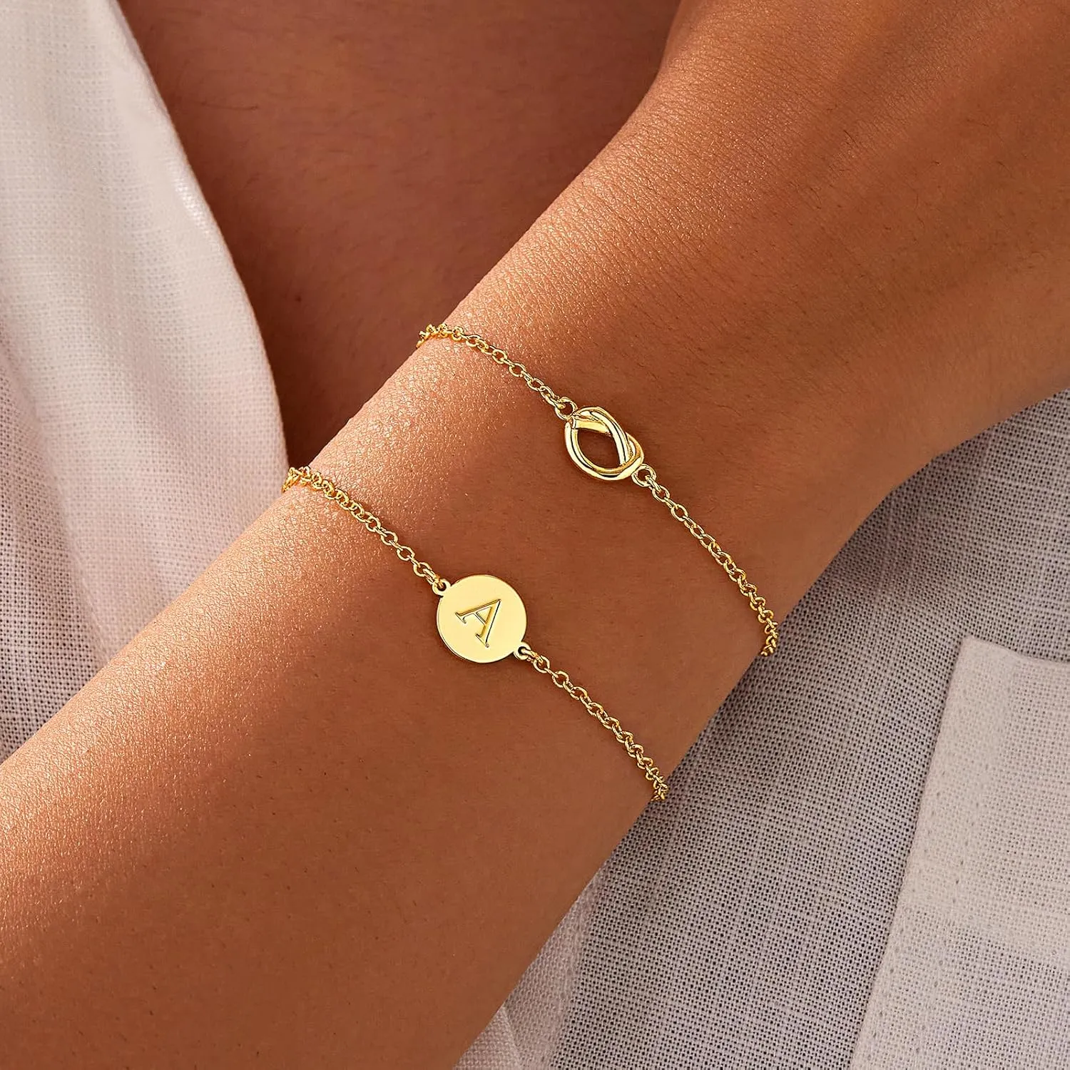 Gold Initial Bracelets for Women, Dainty 14K Gold Plated Knot Letter A-Z Initial Bracelet Layered Trendy Personalized Jewelry for Women, Gifts for Christmas Valentines Birthday Stuff