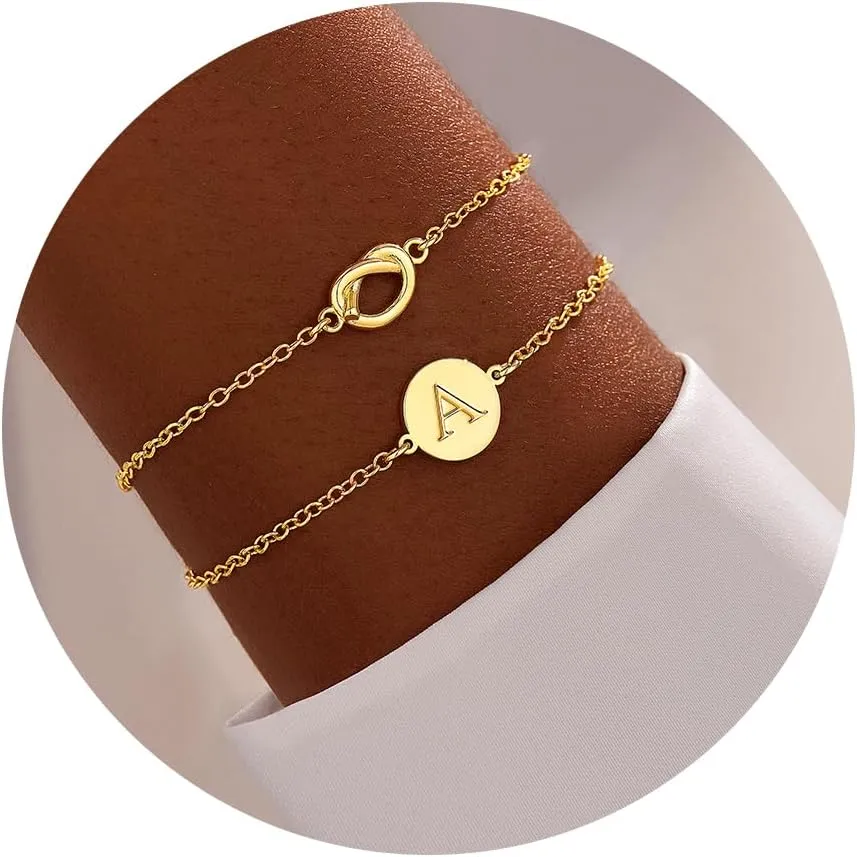 Gold Initial Bracelets for Women, Dainty 14K Gold Plated Knot Letter A-Z Initial Bracelet Layered Trendy Personalized Jewelry for Women, Gifts for Christmas Valentines Birthday Stuff