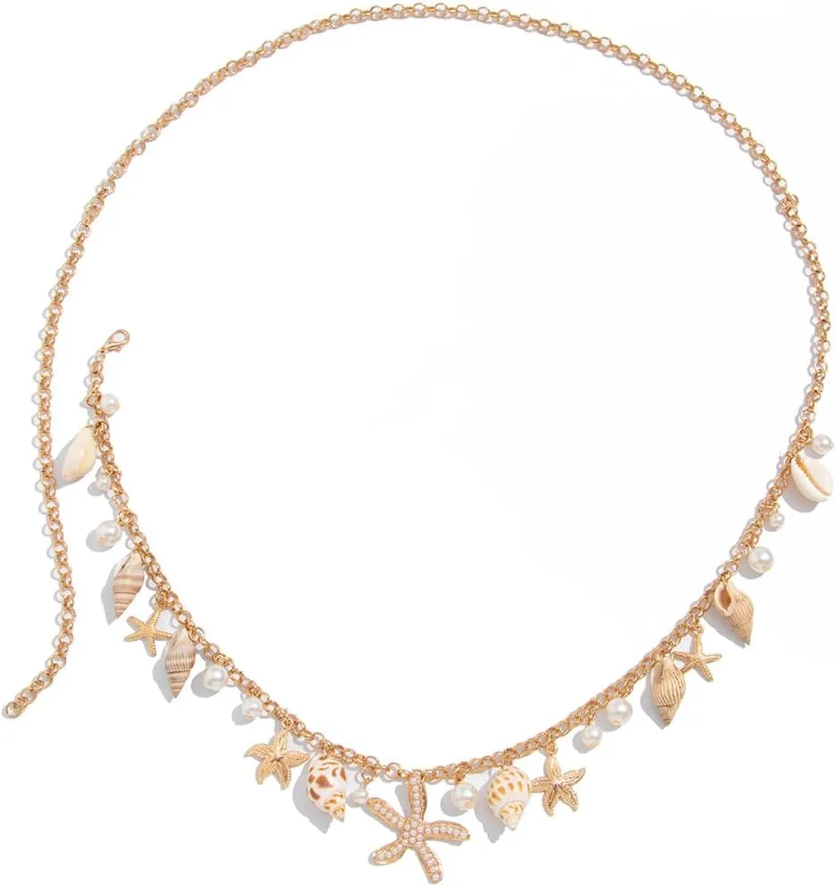 Gold Layered Pearl Seashell Waist Chain Starfish Body Jewelry for Women Boho Beach Bikini Vacation Party Accessories Summer Waterproof Adjustable Belly Chain