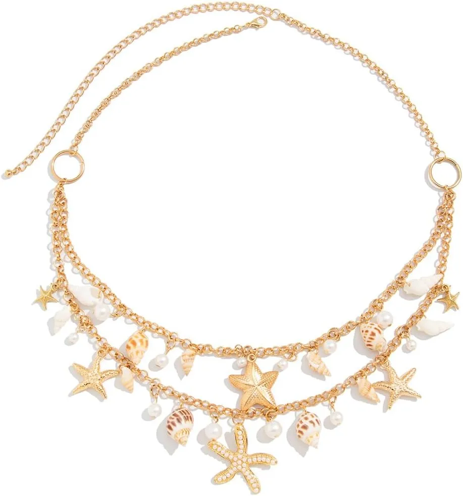 Gold Layered Pearl Seashell Waist Chain Starfish Body Jewelry for Women Boho Beach Bikini Vacation Party Accessories Summer Waterproof Adjustable Belly Chain