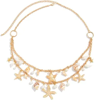 Gold Layered Pearl Seashell Waist Chain Starfish Body Jewelry for Women Boho Beach Bikini Vacation Party Accessories Summer Waterproof Adjustable Belly Chain