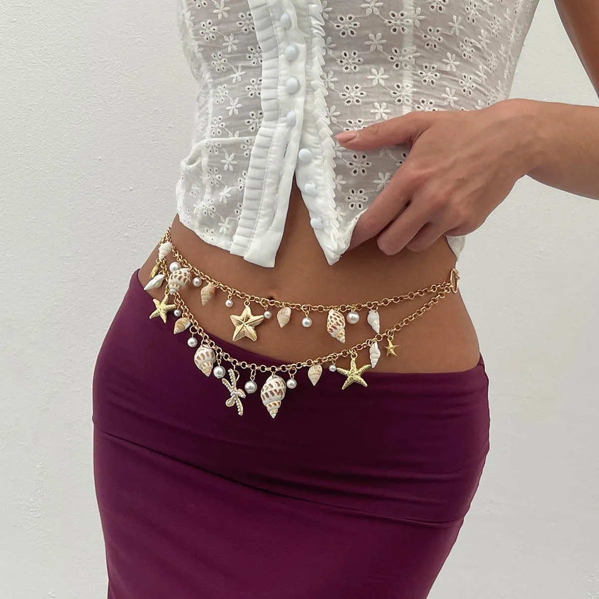 Gold Layered Pearl Seashell Waist Chain Starfish Body Jewelry for Women Boho Beach Bikini Vacation Party Accessories Summer Waterproof Adjustable Belly Chain