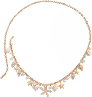 Gold Layered Pearl Seashell Waist Chain Starfish Body Jewelry for Women Boho Beach Bikini Vacation Party Accessories Summer Waterproof Adjustable Belly Chain
