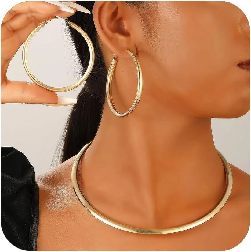 Gold Necklace and Earring Set Gold Choker Necklaces for Woman Trendy Silver Collar Necklace Statement Open Cuff Round Necklace for Women