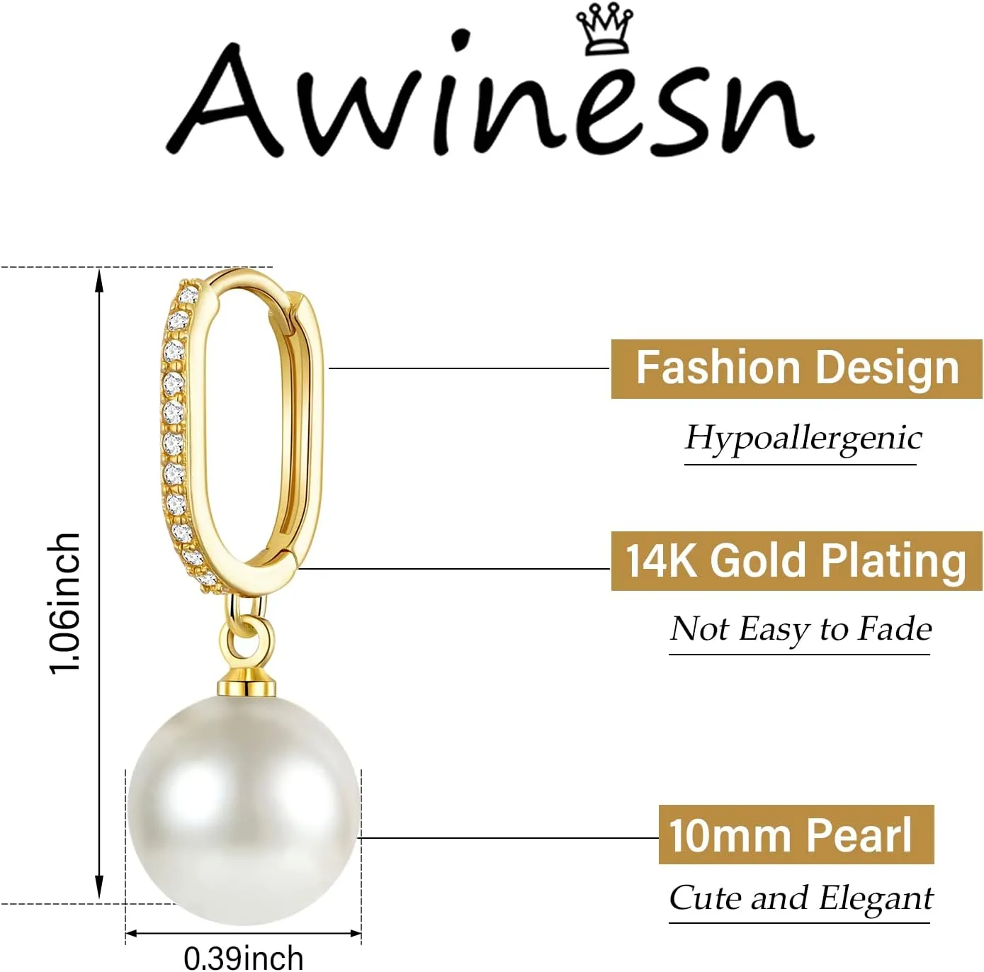 Gold Pearl Earrings for Women 14K Real Gold Plated Pearl Drop Earrings Dainty Cubic Zirconia Gold Earrings for Women Wedding Bridal Bridesmaid