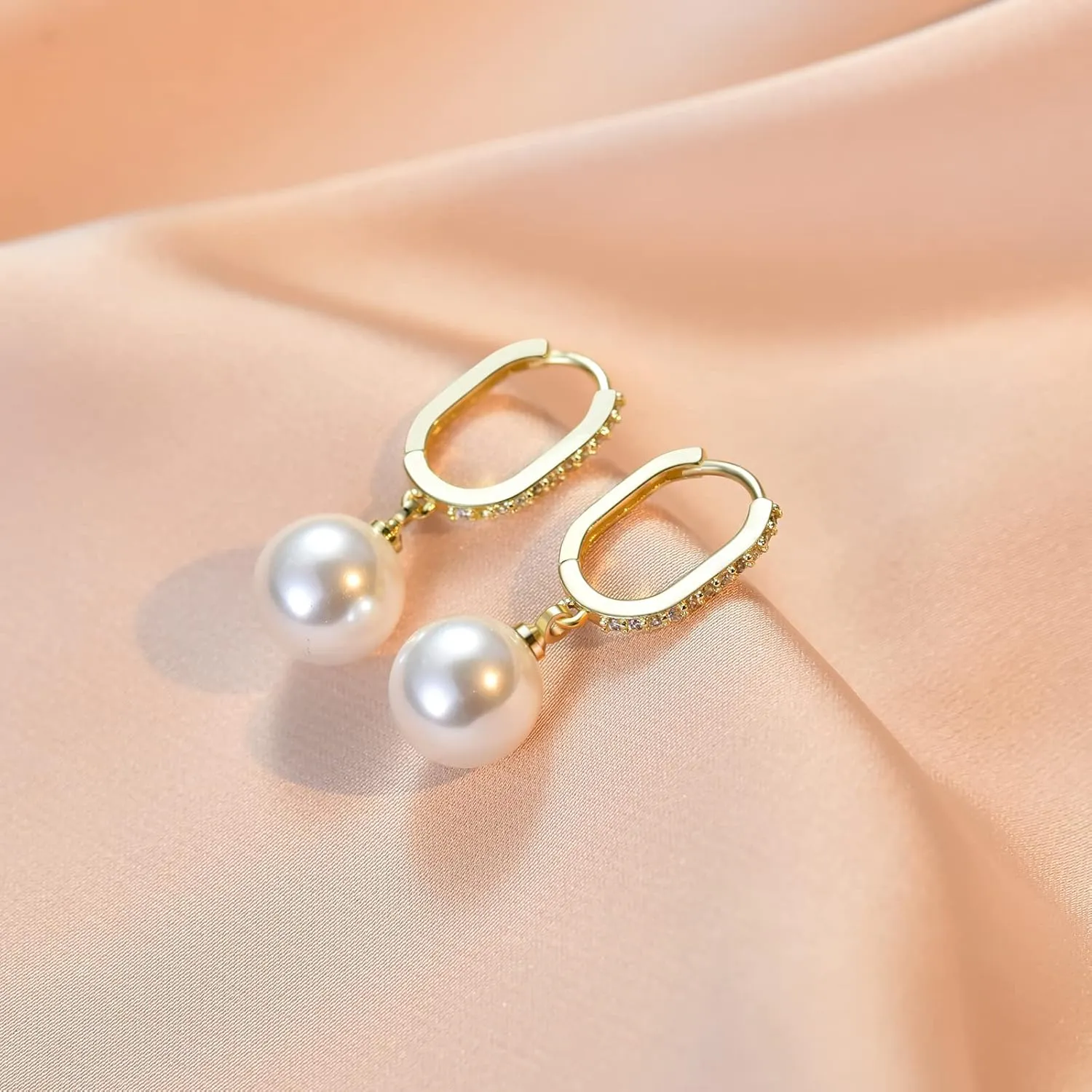Gold Pearl Earrings for Women 14K Real Gold Plated Pearl Drop Earrings Dainty Cubic Zirconia Gold Earrings for Women Wedding Bridal Bridesmaid