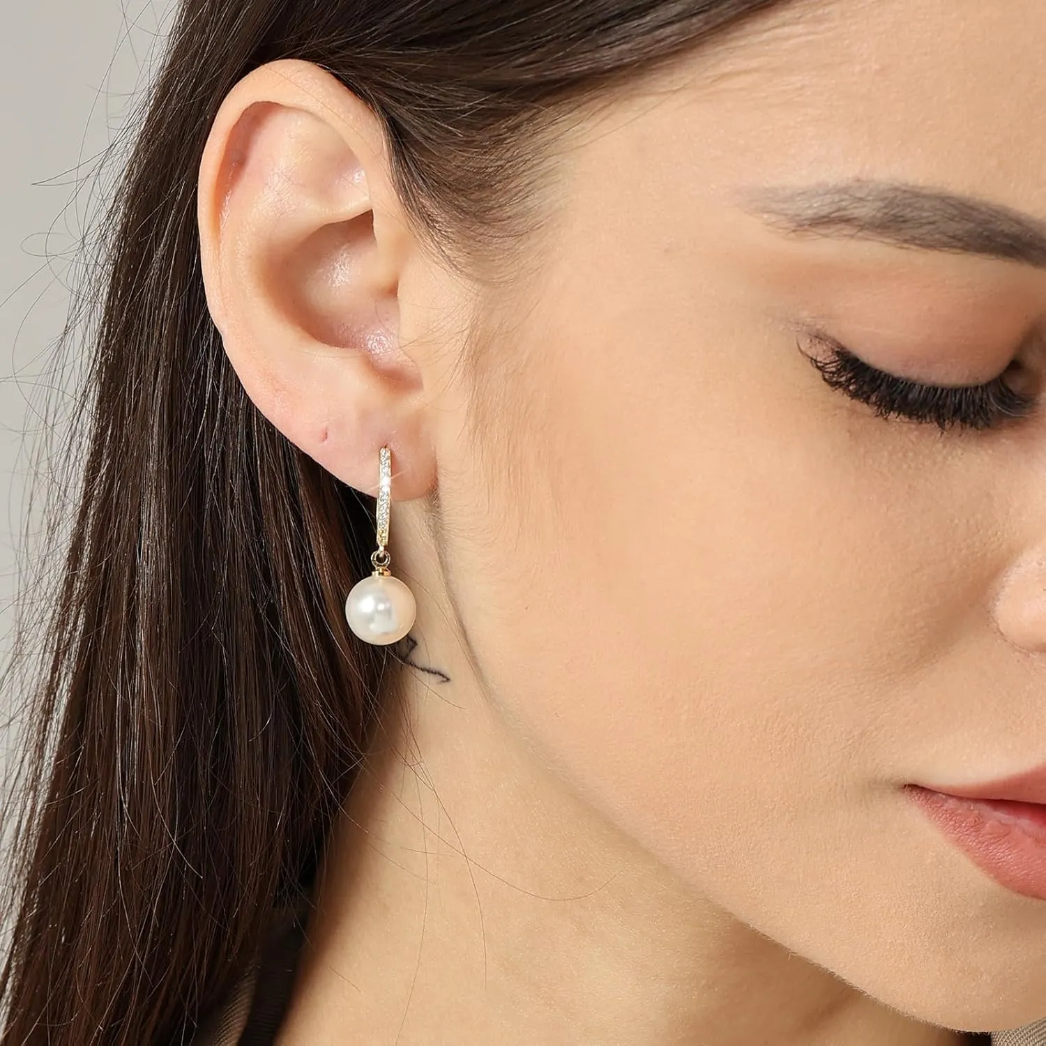 Gold Pearl Earrings for Women 14K Real Gold Plated Pearl Drop Earrings Dainty Cubic Zirconia Gold Earrings for Women Wedding Bridal Bridesmaid