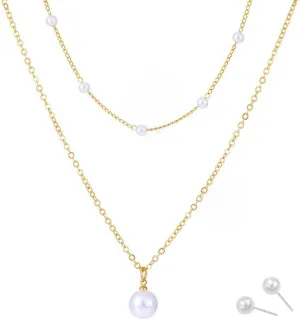 Gold Pearl Necklace for Women 14K Gold Plated Layered Freshwater Pearl Necklaces Trendy Simple Herringbone Chain Pearl Necklace for Girls Gold Jewelry Gifts