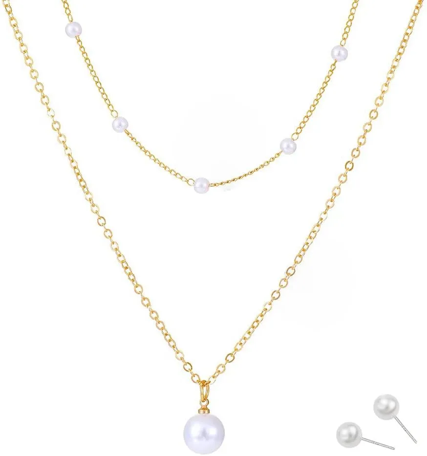 Gold Pearl Necklace for Women 14K Gold Plated Layered Freshwater Pearl Necklaces Trendy Simple Herringbone Chain Pearl Necklace for Girls Gold Jewelry Gifts