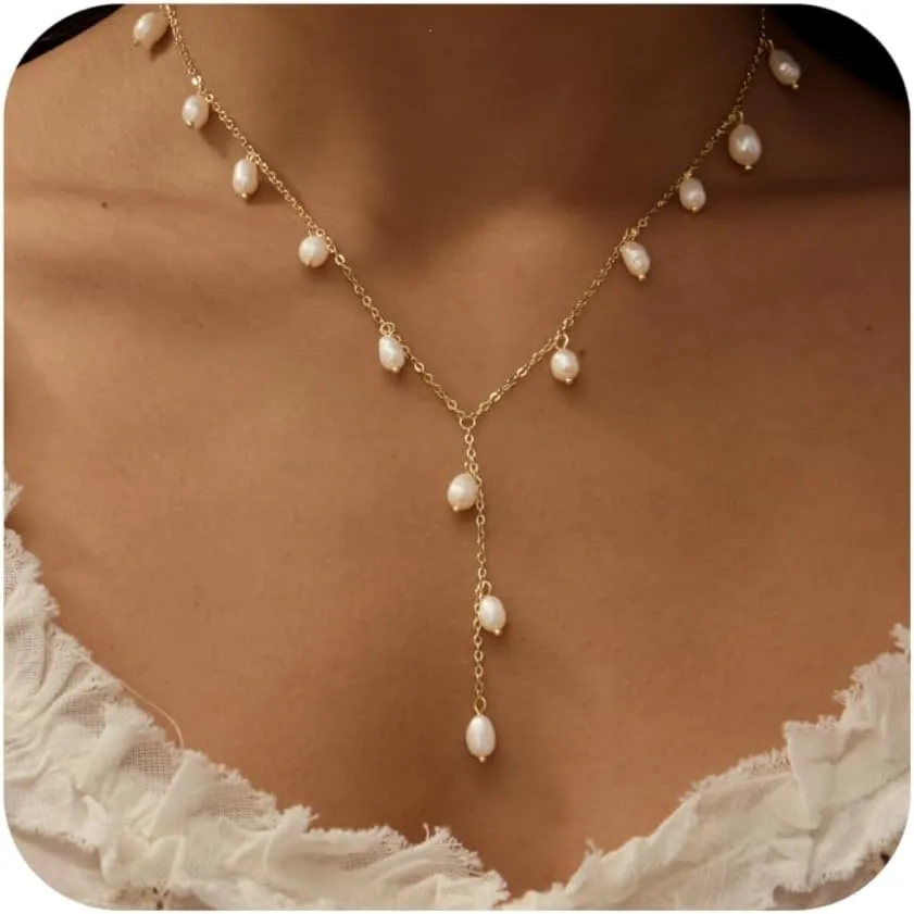 Gold Pearl Necklaces for Women, 14K Natural Freshwater Dainty Pearl Choker Necklaces for Women, Elegant Jewelry for Mom, Wife - Valentine's Day, Anniversary, Wedding Gift