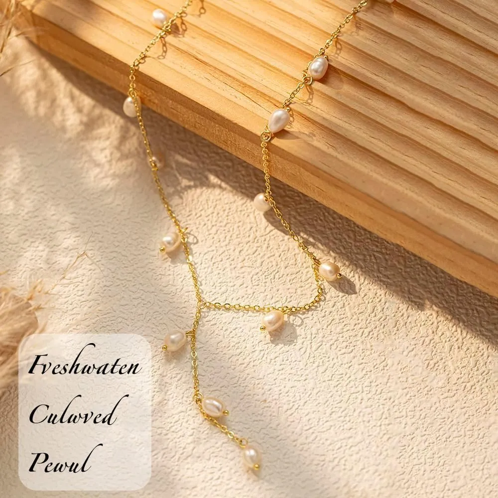 Gold Pearl Necklaces for Women, 14K Natural Freshwater Dainty Pearl Choker Necklaces for Women, Elegant Jewelry for Mom, Wife - Valentine's Day, Anniversary, Wedding Gift