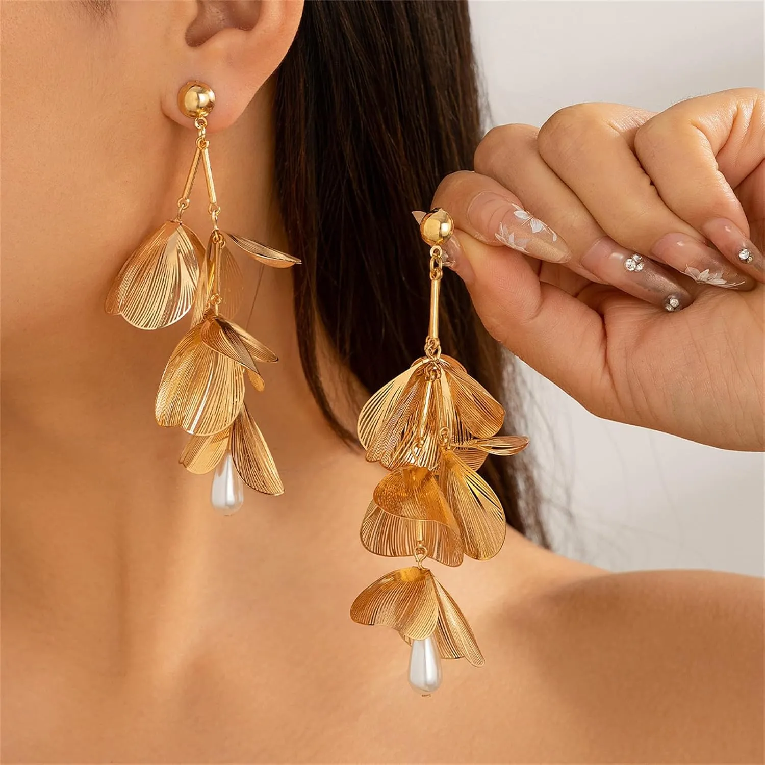 Gold Statement Flower Earrings,Chunky Punk Bunch Dangle Ginkgo Biloba Leaf Tassel Earrings Large Metal Drop Ear Bohemian Layered Petal Floral Jewelry for Women