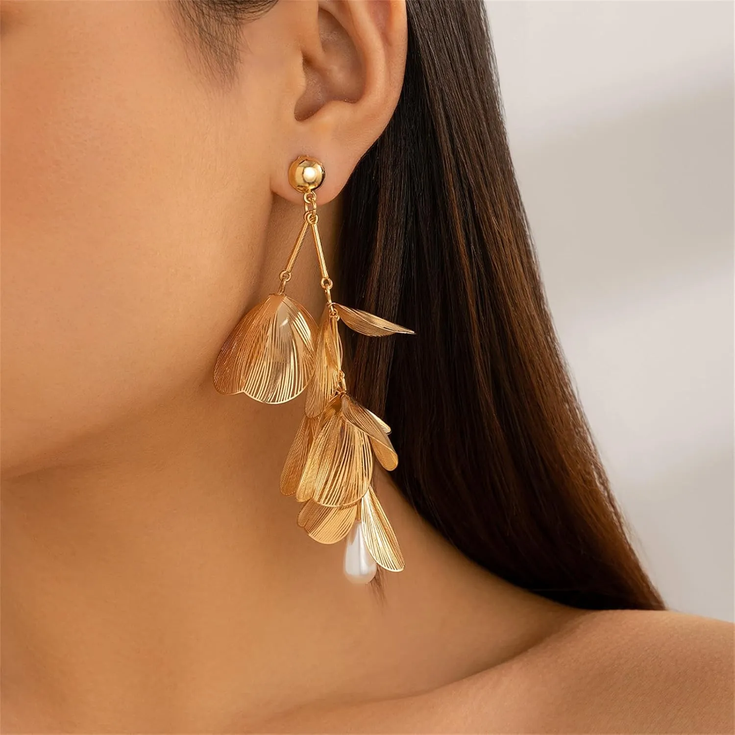 Gold Statement Flower Earrings,Chunky Punk Bunch Dangle Ginkgo Biloba Leaf Tassel Earrings Large Metal Drop Ear Bohemian Layered Petal Floral Jewelry for Women