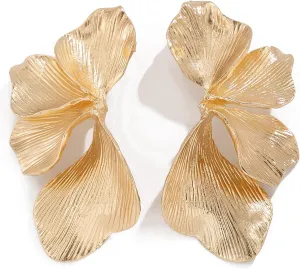 Gold Statement Flower Earrings,Chunky Punk Bunch Dangle Ginkgo Biloba Leaf Tassel Earrings Large Metal Drop Ear Bohemian Layered Petal Floral Jewelry for Women