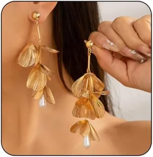 Gold Statement Flower Earrings,Chunky Punk Bunch Dangle Ginkgo Biloba Leaf Tassel Earrings Large Metal Drop Ear Bohemian Layered Petal Floral Jewelry for Women