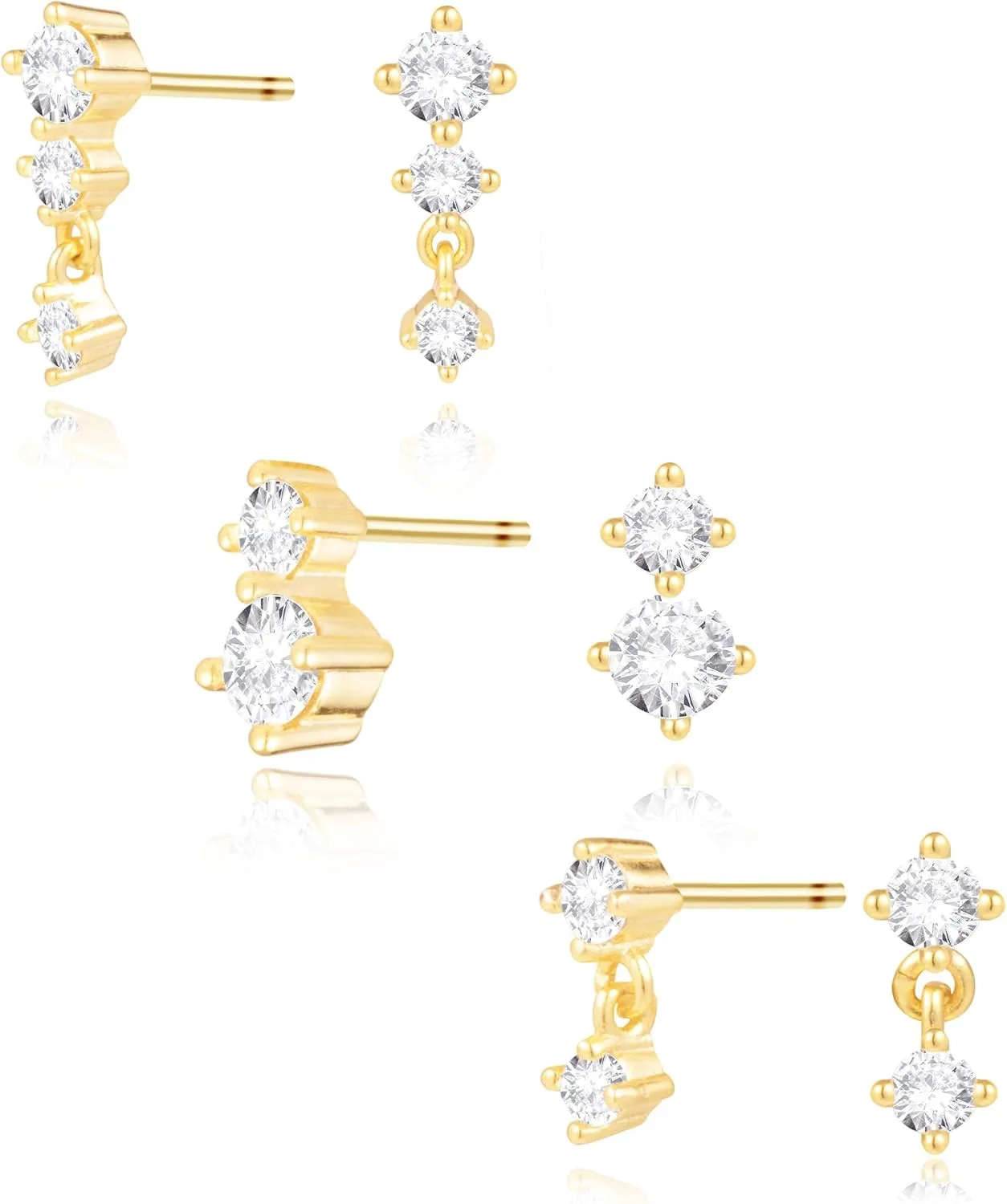 Gold Stud Earrings Set for Women, Dainty 14K Small Dangle Earrings for Multiple Piercing Lightweight Hypoallergenic Jewelry, Trendy Cartilage Cubic Zircon Earrings for Women's Gifts 3 Pairs