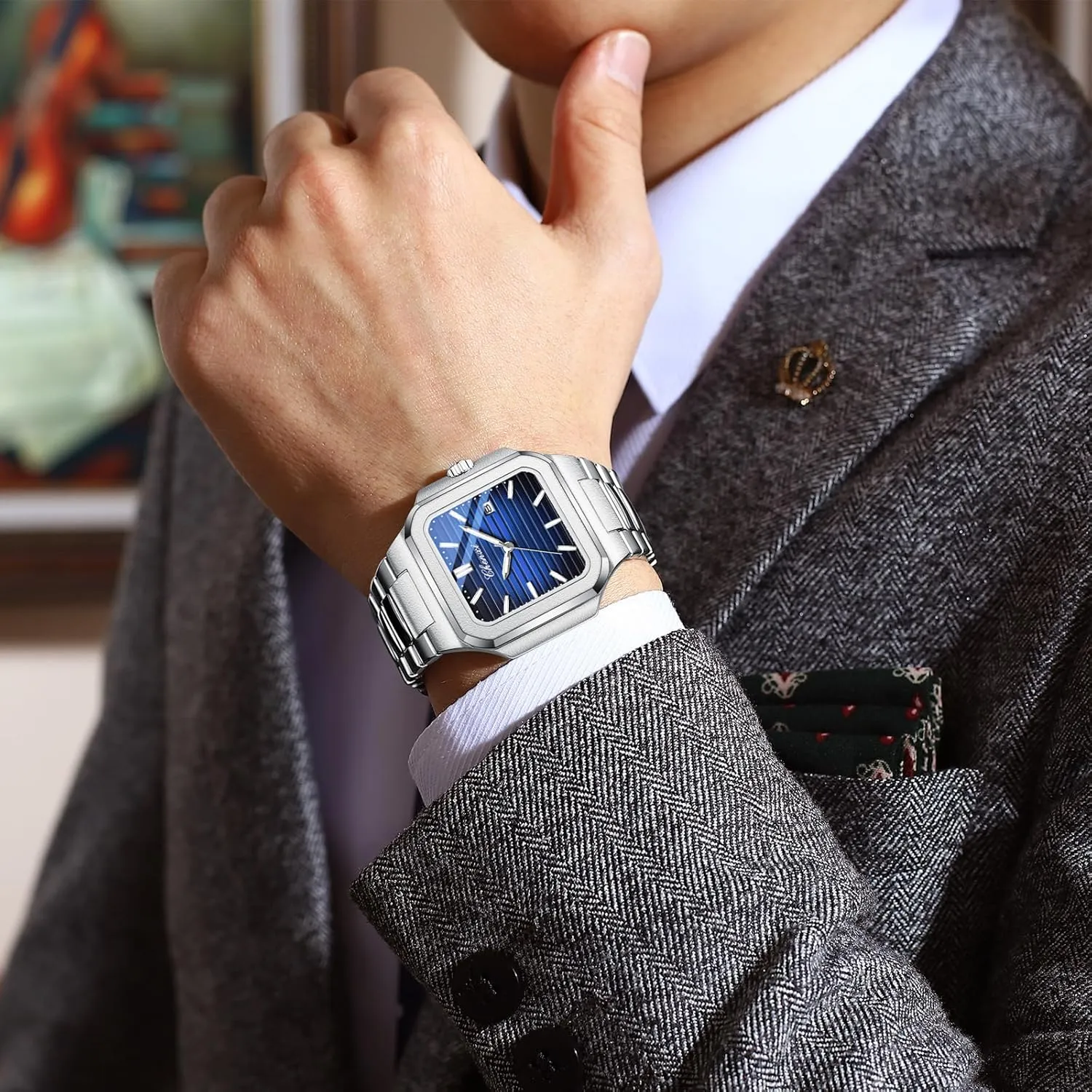Gosasa Classic Square Watches for Men Silver Analog Quartz Luxury Men's Watch Stainless Steel Luminous Waterproof Casual Business Calendar Dress Male Wristwatch