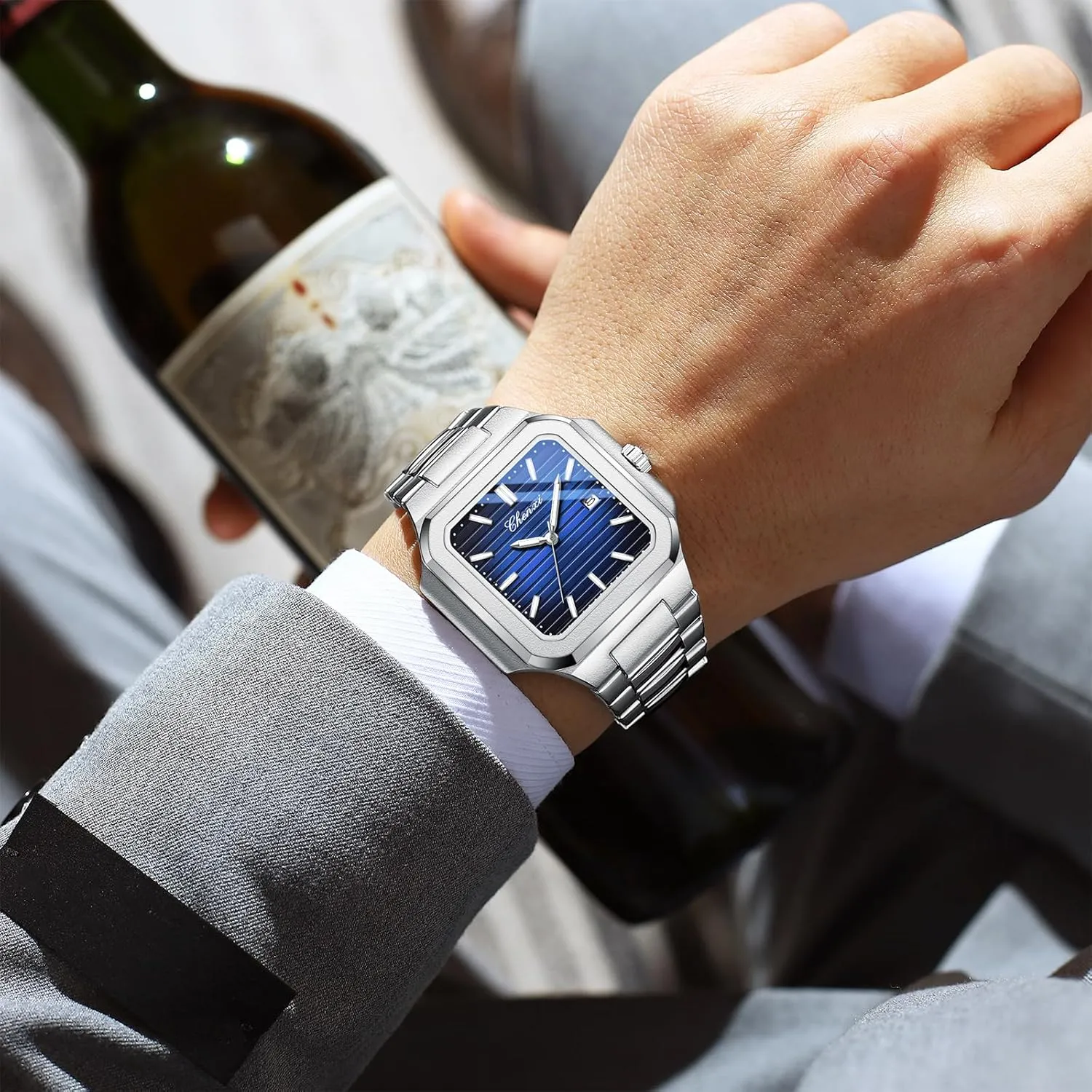 Gosasa Classic Square Watches for Men Silver Analog Quartz Luxury Men's Watch Stainless Steel Luminous Waterproof Casual Business Calendar Dress Male Wristwatch