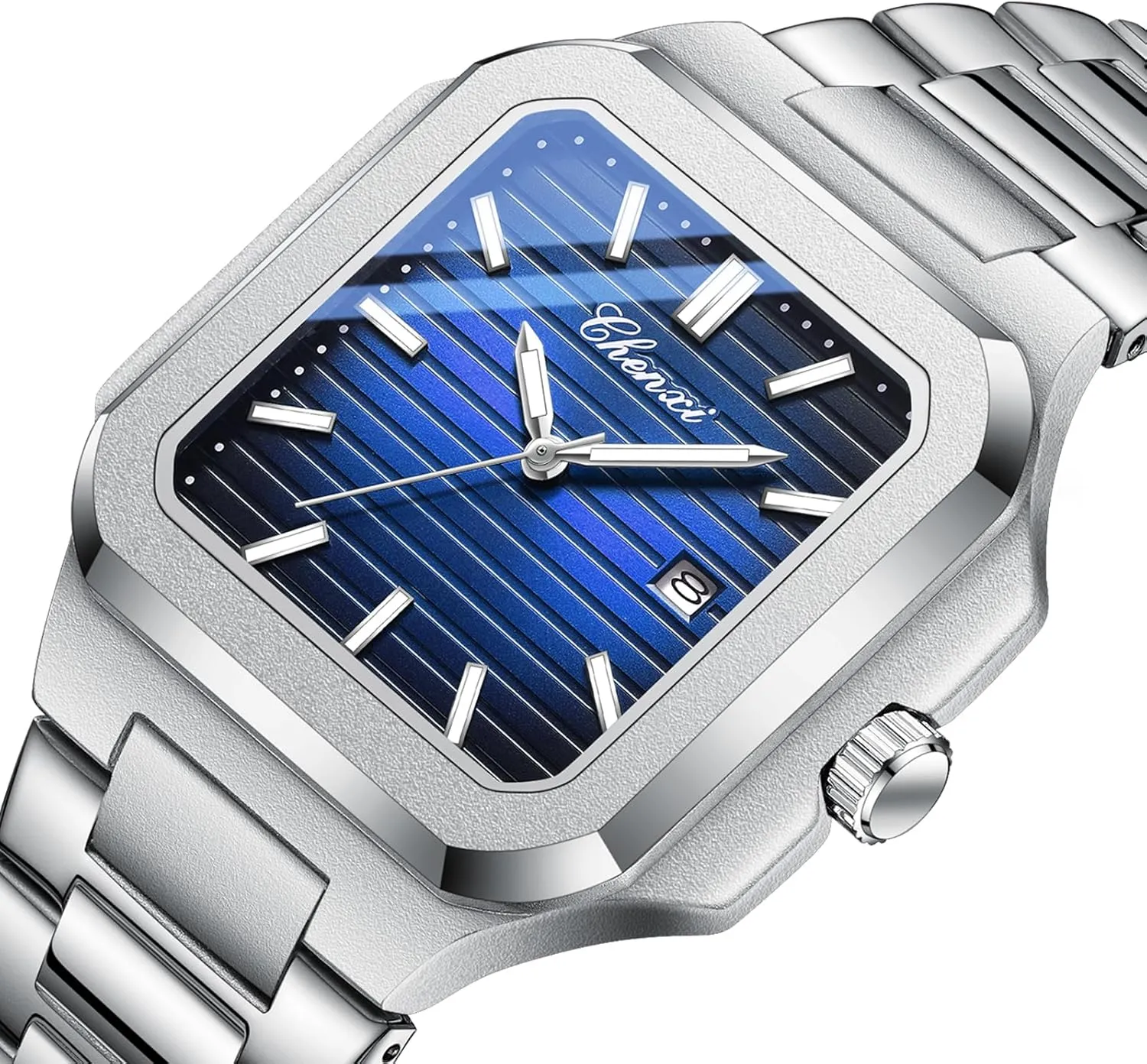 Gosasa Classic Square Watches for Men Silver Analog Quartz Luxury Men's Watch Stainless Steel Luminous Waterproof Casual Business Calendar Dress Male Wristwatch
