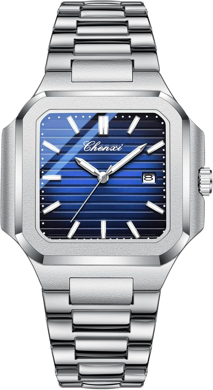 Gosasa Classic Square Watches for Men Silver Analog Quartz Luxury Men's Watch Stainless Steel Luminous Waterproof Casual Business Calendar Dress Male Wristwatch