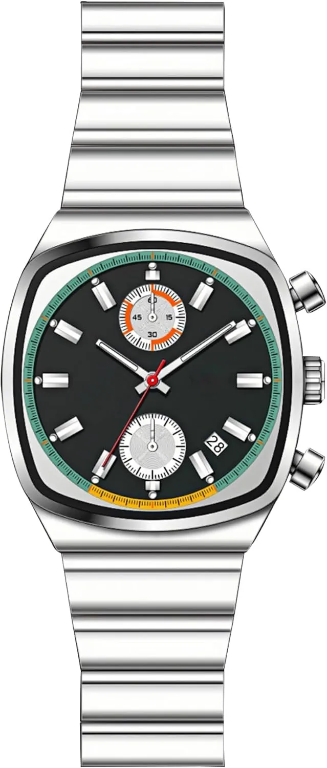 Gosasa Fashion Business Square Mens Watches Luminous Waterproof Quartz Watch with Calendar & Chronograph - Stylish Gold & Silver Wristwatch Stainless Steel Band