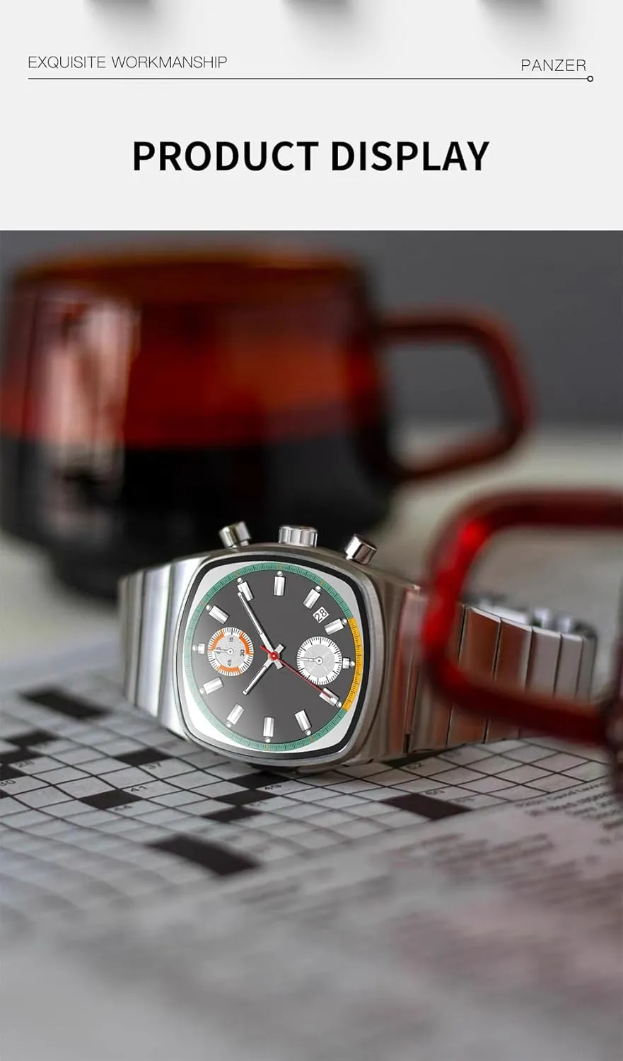 Gosasa Fashion Business Square Mens Watches Luminous Waterproof Quartz Watch with Calendar & Chronograph - Stylish Gold & Silver Wristwatch Stainless Steel Band