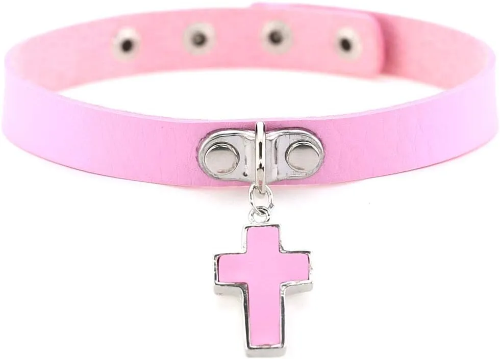 Goth Black Cross Pendant Leather Choker Necklace for Women Halloween Cosplay Costume Christmas Easter