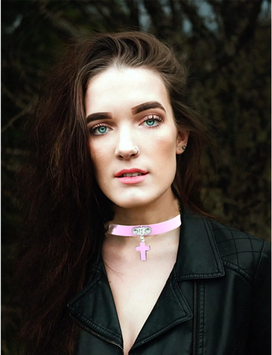 Goth Black Cross Pendant Leather Choker Necklace for Women Halloween Cosplay Costume Christmas Easter