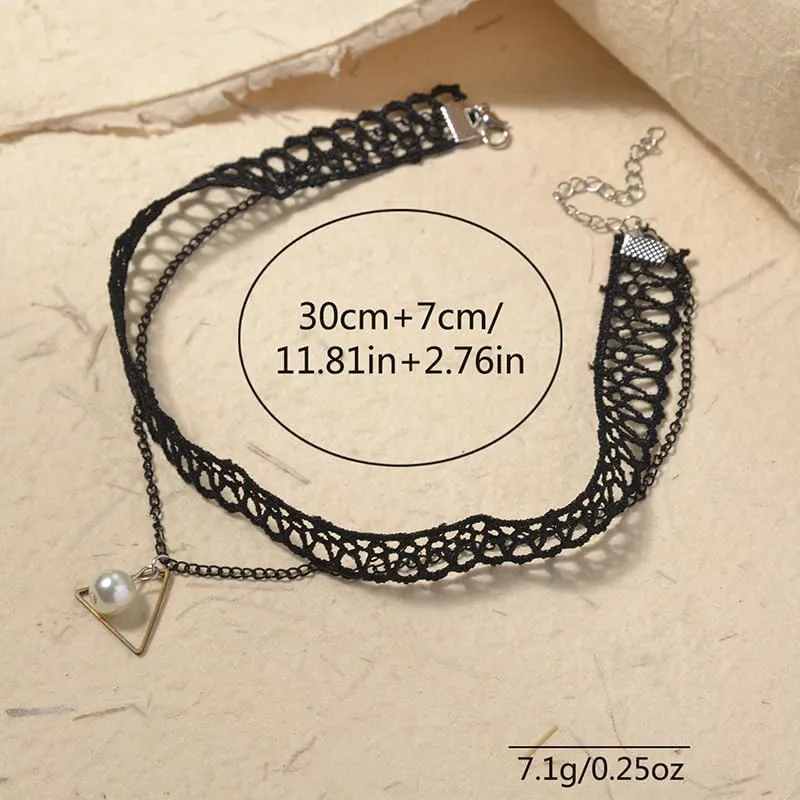 Gothic Black Lace Choker Necklace with Crystal Tassel Ruby Gemstone Charm Pendant Collar Necklace White Lace Bridal Accessories Halloween Punk Costume Jewelry