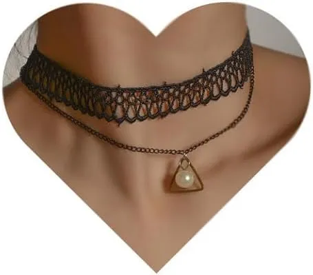 Gothic Black Lace Choker Necklace with Crystal Tassel Ruby Gemstone Charm Pendant Collar Necklace White Lace Bridal Accessories Halloween Punk Costume Jewelry